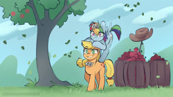 Size: 3840x2162 | Tagged: safe, artist:icychamber, derpibooru import, applejack, rainbow dash, earth pony, pegasus, pony, apple, applejack's hat, barrel, cowboy hat, duo, food, grin, hat, leaves, ponies riding ponies, riding, smiling, stick, tree, wild