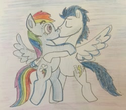 Size: 2303x2020 | Tagged: safe, artist:13mcjunkinm, derpibooru import, rainbow dash, soarin', pegasus, pony, female, kissing, male, mare, shipping, soarindash, stallion, straight, surprised, traditional art