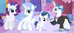 Size: 2347x1056 | Tagged: safe, artist:ilaria122, fancypants, rarity, oc, oc:sapphire blue, oc:shiny stone, pony, unicorn, female, filly, jewelry, male, mare, next generation, offspring, parent:fancypants, parent:rarity, parents:raripants, simple background, stallion, tiara