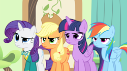 Size: 1280x720 | Tagged: safe, derpibooru import, screencap, applejack, rainbow dash, rarity, twilight sparkle, twilight sparkle (alicorn), alicorn, earth pony, pegasus, pony, unicorn, filli vanilli, angry, applejack is not amused, clothes, female, hat, looking at you, mare, rainbow dash is not amused, raised eyebrow, rarity is not amused, twilight is not amused, unamused