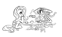 Size: 921x551 | Tagged: safe, artist:hunternif, fluttershy, alien, pegasus, pony, black and white, food, grayscale, monochrome, monster, sketch, speedpaint, tabun art-battle, tea, tea party