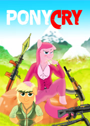 Size: 2496x3484 | Tagged: safe, artist:animalmother-getsome, applejack, pinkie pie, anthro, unguligrade anthro, ak, ak-47, assault rifle, far cry, gun, m60, rifle, rpg-7, weapon