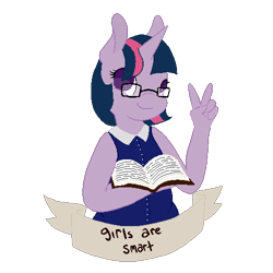 Size: 500x500 | Tagged: safe, artist:superdeathsquad, derpibooru import, edit, twilight sparkle, anthro, book, female, glasses, looking at you, peace sign, simple background, solo, transparent background
