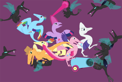 Size: 1500x1000 | Tagged: safe, artist:albertonykus, derpibooru import, applejack, fluttershy, pinkie pie, rainbow dash, rarity, twilight sparkle, changeling, dinosaur, dinosaurified, mane six, maniraptor, my little maniraptor, species swap