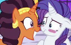 Size: 2400x1522 | Tagged: safe, artist:ktd1993, rarity, saffron masala, pony, unicorn, blush sticker, blushing, female, lesbian, raffron, saffron the shipper, shipper on deck, shipping