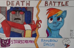 Size: 1409x908 | Tagged: safe, artist:rapidsnap, derpibooru import, rainbow dash, pegasus, pony, clash of hasbro's titans, death battle, exploitable meme, meme, smug, starscream, starscream vs rainbow dash, traditional art