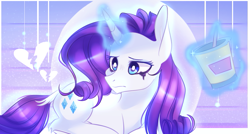 Size: 963x516 | Tagged: safe, artist:waterz-colrxz, rarity, pony, unicorn, crying, female, food, glowing horn, heartbreak, ice cream, magic, makeup, mare, marshmelodrama, mascarity, running makeup, solo, telekinesis