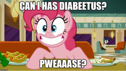 Size: 889x500 | Tagged: safe, edit, edited screencap, screencap, lucky breaks, pinkie pie, earth pony, pony, the saddle row review, carrot, carrot dog, cute, diapinkes, discovery family logo, food, image macro, meme, pizza