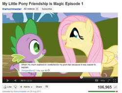 Size: 500x382 | Tagged: safe, edit, edited screencap, screencap, fluttershy, spike, dragon, pegasus, pony, friendship is magic, artifact, brony, closet brony, female, male, mare, text, youtube