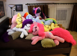 Size: 4759x3456 | Tagged: safe, artist:ponimalion, derpibooru import, applejack, fluttershy, pinkie pie, rainbow dash, rarity, twilight sparkle, bed, cuddle puddle, cuddling, cute, irl, mane six, photo, pillow, pony pile, sleeping, weapons-grade cute