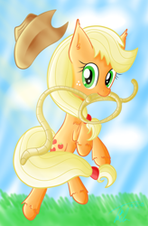 Size: 3000x4562 | Tagged: safe, artist:yukiko-snowflake, applejack, earth pony, pony, hat, lasso, rope, solo