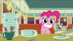 Size: 1920x1080 | Tagged: safe, screencap, lucky breaks, pinkie pie, earth pony, pony, the saddle row review, big eyes, diner, discovery family logo, plate