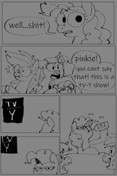 Size: 1000x1500 | Tagged: safe, artist:corgitheborki, derpibooru import, fluttershy, pinkie pie, rainbow dash, twilight sparkle, alicorn, earth pony, pegasus, pony, alcohol, alcoholism, bad joke, breaking the fourth wall, comic, drinking, monochrome, swearing, text, tv rating, tv-y, vulgar