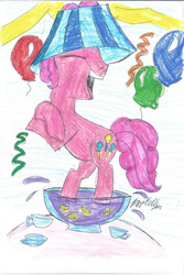 Size: 576x864 | Tagged: safe, artist:brookellyn, bubble berry, pinkie pie, earth pony, pony, balloon, hat, lampshade hat, punch bowl, ribbon, rule 63, solo, teacup, traditional art