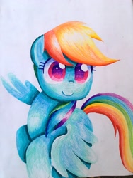 Size: 3072x4095 | Tagged: safe, artist:andromedasparkz, derpibooru import, rainbow dash, pegasus, pony, female, flying, looking at you, mare, simple background, smiling, solo, traditional art, white background