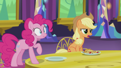 Size: 1366x768 | Tagged: safe, screencap, applejack, pinkie pie, earth pony, pony, castle sweet castle, reaction image, scrunchy face