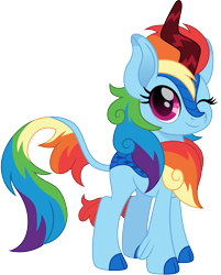 Size: 1208x1500 | Tagged: safe, artist:cloudyglow, derpibooru import, rainbow dash, kirin, cute, dashabetes, female, kirin-ified, looking at you, movie accurate, one eye closed, simple background, solo, species swap, transparent background, weapons-grade cute, wink