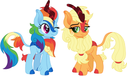 Size: 2514x1500 | Tagged: safe, artist:cloudyglow, derpibooru import, applejack, rainbow dash, kirin, appledash, applekirin, bedroom eyes, cute, dashabetes, duo, female, freckles, jackabetes, kirin-ified, lesbian, looking at each other, movie accurate, one eye closed, shipping, simple background, species swap, transparent background, weapons-grade cute, wink