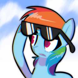 Size: 500x500 | Tagged: safe, artist:provolonepone, derpibooru import, rainbow dash, pegasus, pony, bust, cloud, cloudy, colored pupils, open mouth, portrait, solo, sunglasses, wingless