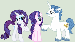 Size: 2188x1228 | Tagged: safe, artist:brendalobinha, fancypants, rarity, oc, oc:pretty opal, pony, unicorn, family, female, green background, hair over one eye, male, mare, offspring, parent:fancypants, parent:rarity, parents:raripants, raripants, shipping, simple background, straight