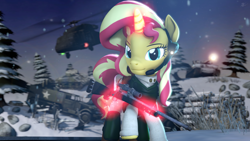 Size: 3840x2160 | Tagged: safe, artist:alicorntwilysparkle, sunset shimmer, pony, unicorn, 3d, battlefield, gun, halftrack, helicopter, revamped ponies, rifle, sniper rifle, source filmmaker, tank (vehicle), weapon, winter