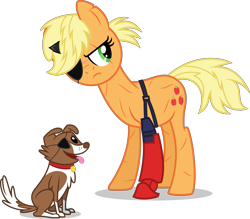 Size: 4575x4000 | Tagged: safe, artist:ambassad0r, applejack, winona, earth pony, pony, absurd resolution, amputee, big boss, crossover, d-dog, eyepatch, konami, metal gear, metal gear solid, metal gear solid 5, parody, prosthetic limb, scar, simple background, transparent background, vector, venom snake