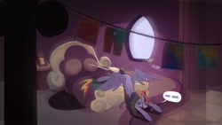 Size: 1280x721 | Tagged: safe, artist:icychamber, derpibooru import, rainbow dash, pegasus, pony, bed, solo, speech bubble, text