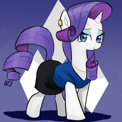 Size: 1000x1000 | Tagged: safe, artist:bojack_mlplove, rarity, pony, unicorn, beautiful, clothes, cute, ear piercing, earring, female, jewelry, looking at you, mare, necklace, piercing, purple background, simple background, skirt, solo