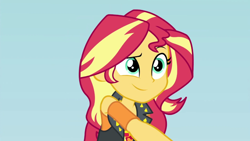 Size: 1920x1080 | Tagged: safe, screencap, sunset shimmer, better together, cheer you on, equestria girls, cutie mark on clothes, grabbing, grin, leather vest, raised eyebrow, shoulderless shirt, solo, spikes, sun, thank you