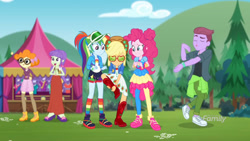 Size: 2048x1151 | Tagged: safe, derpibooru import, screencap, applejack, duke suave, pinkie pie, rainbow dash, scribble dee, starlight, accountibilibuddies, better together, choose your own ending, equestria girls, background human, broken bone, broken foot, female, geode of sugar bombs, magical geodes, male, shoes, sneakers