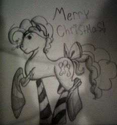 Size: 1065x1143 | Tagged: safe, artist:php37, bubble berry, pinkie pie, earth pony, pony, christmas, clothes, holly, holly mistaken for mistletoe, merry christmas, rule 63, socks, solo, striped socks, tail bow, traditional art