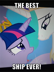 Size: 409x546 | Tagged: safe, edit, edited screencap, screencap, princess celestia, twilight sparkle, twilight sparkle (alicorn), alicorn, pony, season 4, best ship, female, image macro, lesbian, meme, open mouth, shipping, twilestia