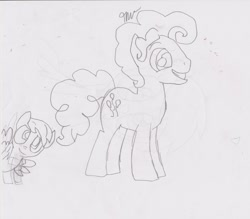 Size: 1024x899 | Tagged: safe, artist:trotsworth, artist:zeustheumbreon, bubble berry, pinkie pie, oc, oc:cupid, earth pony, pony, monochrome, rule 63, trace, traditional art