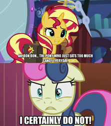 Size: 1280x1440 | Tagged: safe, edit, edited screencap, editor:jaredking203, screencap, bon bon, sunset shimmer, sweetie drops, earth pony, pony, unicorn, equestria girls, mirror magic, slice of life (episode), spoiler:eqg specials, caption, duo, female, image macro, mare, meme, text