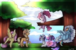 Size: 2000x1300 | Tagged: safe, artist:mercyofkind, derpibooru import, applejack, fluttershy, pinkie pie, rainbow dash, rarity, twilight sparkle, twilight sparkle (alicorn), alicorn, earth pony, pegasus, pony, unicorn, alternate hairstyle, book, chest fluff, chillaxing, cloud, ear fluff, forest, hanging out, mane six, ponytail, signature, tree, tree branch