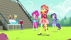 Size: 1920x1080 | Tagged: safe, screencap, brawly beats, flash sentry, pinkie pie, rarity, ringo, sandalwood, sunset shimmer, better together, cheer you on, equestria girls