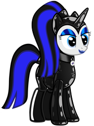 Size: 773x1033 | Tagged: safe, artist:severity-gray, derpibooru import, oc, oc only, oc:coldlight bluestar, pony, unicorn, bdsm, bodysuit, boots, collar, cutie mark collar, dominatrix, hood, latex, latex boots, latex suit, lipstick, makeup, ponytail, rubber, shine, shiny, shoes, simple background, transparent background, vector