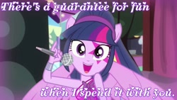 Size: 1280x720 | Tagged: safe, derpibooru import, edit, screencap, twilight sparkle, equestria girls, perfect day for fun, rainbow rocks, bronybait, cute, microphone, ponied up, solo, text edit, times new romance