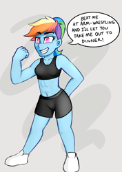 Size: 2508x3541 | Tagged: safe, alternate version, artist:anon_1515, derpibooru import, rainbow dash, human, equestria girls, equestria girls series, abs, abstract background, alternate hairstyle, beautiful, belly button, blue skin, bra, clenched fist, clothes, delicious flat chest, dialogue, explicit source, eyebrows, female, flexing, gym shorts, humanized, legs, looking at you, muscles, muscular female, ponytail, rainbow flat, rainbuff dash, sexy, shoes, shorts, smiling, speech bubble, sports bra, spread legs, underwear