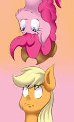 Size: 1024x1693 | Tagged: safe, artist:sourspot, applejack, pinkie pie, earth pony, pony, accessory theft, hat, upside down