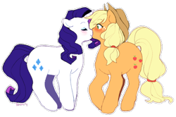 Size: 960x637 | Tagged: safe, artist:maubau, artist:twirity, applejack, rarity, earth pony, pony, unicorn, female, kissing, lesbian, rarijack, shipping