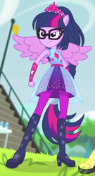 Size: 454x843 | Tagged: safe, screencap, sci-twi, sunset shimmer, twilight sparkle, better together, cheer you on, equestria girls, cropped, female, glasses, offscreen character, scitwilicorn, smiling, super ponied up