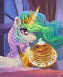 Size: 800x985 | Tagged: safe, artist:nemo2d, princess celestia, alicorn, pony, a royal problem, crown, female, food, jewelry, looking at you, mare, pancakes, regalia, smiling, solo