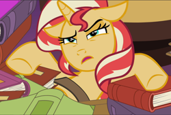 Size: 1388x940 | Tagged: safe, screencap, sunset shimmer, pony, unicorn, equestria girls, mirror magic, spoiler:eqg specials, book, disoriented, floppy ears, open mouth