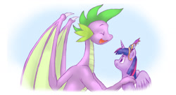 Size: 1722x938 | Tagged: safe, artist:weasselk, derpibooru import, spike, twilight sparkle, twilight sparkle (alicorn), alicorn, dragon, pony, age progression, commission, crown, eyes closed, fanfic, female, mare