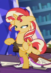 Size: 372x536 | Tagged: safe, screencap, sunset shimmer, pony, unicorn, equestria girls, mirror magic, spoiler:eqg specials, bag, bipedal, cropped, in the human world for too long, open mouth, saddle bag, solo