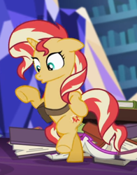 Size: 402x514 | Tagged: safe, screencap, sunset shimmer, pony, unicorn, equestria girls, mirror magic, spoiler:eqg specials, bag, bipedal, book, cropped, floppy ears, in the human world for too long, saddle bag, solo