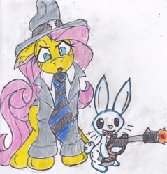 Size: 2473x2586 | Tagged: safe, artist:cuddlelamb, angel bunny, fluttershy, pegasus, pony, rabbit, clothes, cosplay, costume, detective, duo, female, gun, handgun, luger, male, mare, necktie, no trigger discipline, pistol, sam and max, simple background, traditional art, weapon, white background