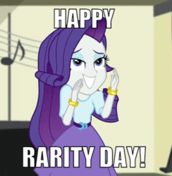 Size: 702x720 | Tagged: safe, edit, edited screencap, screencap, rarity, equestria girls, spoiler:eqg specials, animated, caption, cropped, cute, gif, gif with captions, happiness, happy, image macro, meme, raribetes, rarity day, shaped like itself, smiling, solo, text