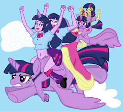 Size: 1302x1177 | Tagged: safe, artist:oneovertwo, derpibooru import, twilight sparkle, twilight sparkle (alicorn), alicorn, anthro, centaur, ponytaur, satyr, taur, equestria girls, anthro ponidox, belly button, centaur twilight, flying, human ponidox, multeity, not salmon, satyrized, self ponidox, sparkle sparkle sparkle, this isn't even my final form, wat, what has science done